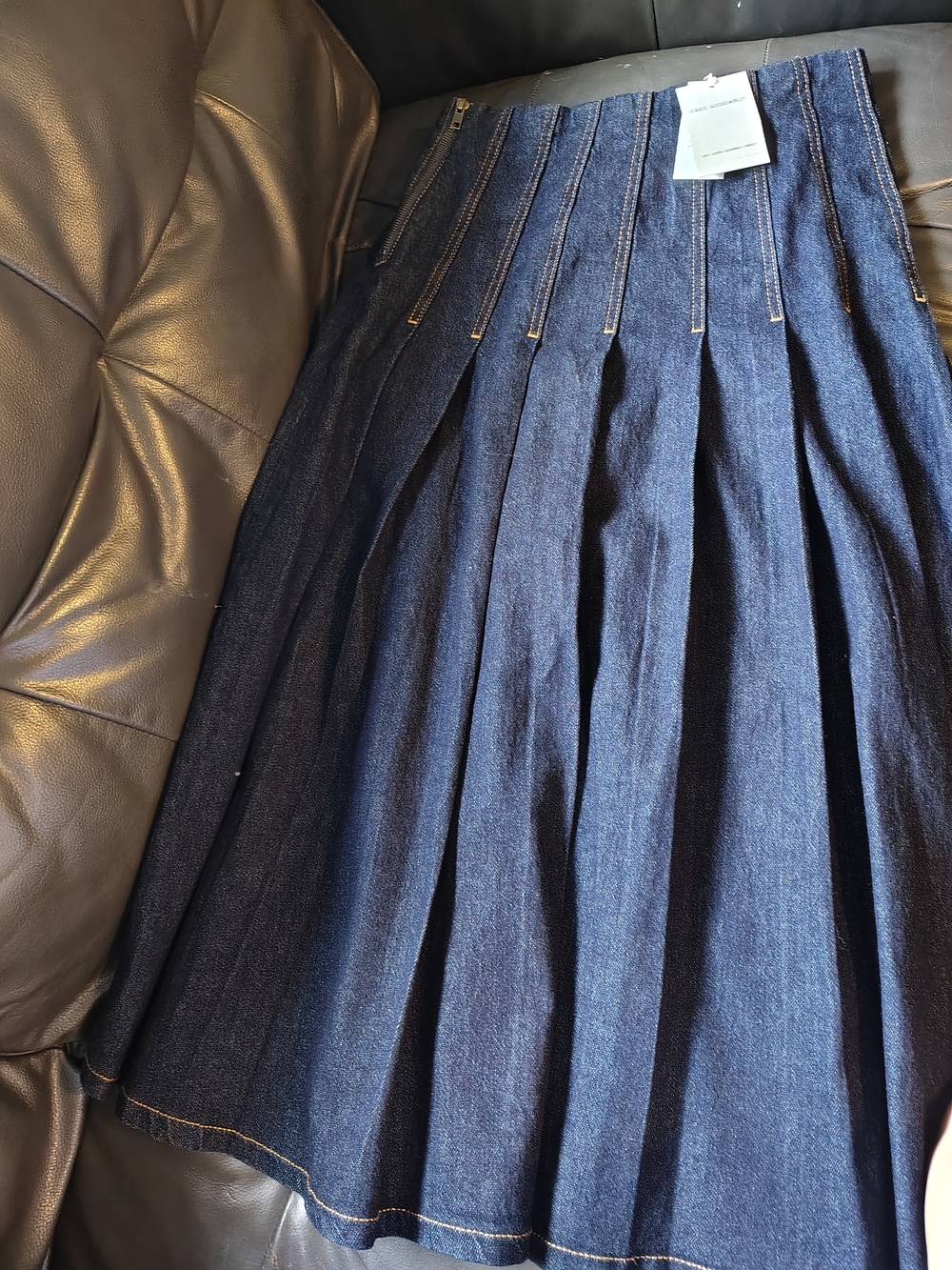 Pleated Dark Blue Denim A-Line Skirt